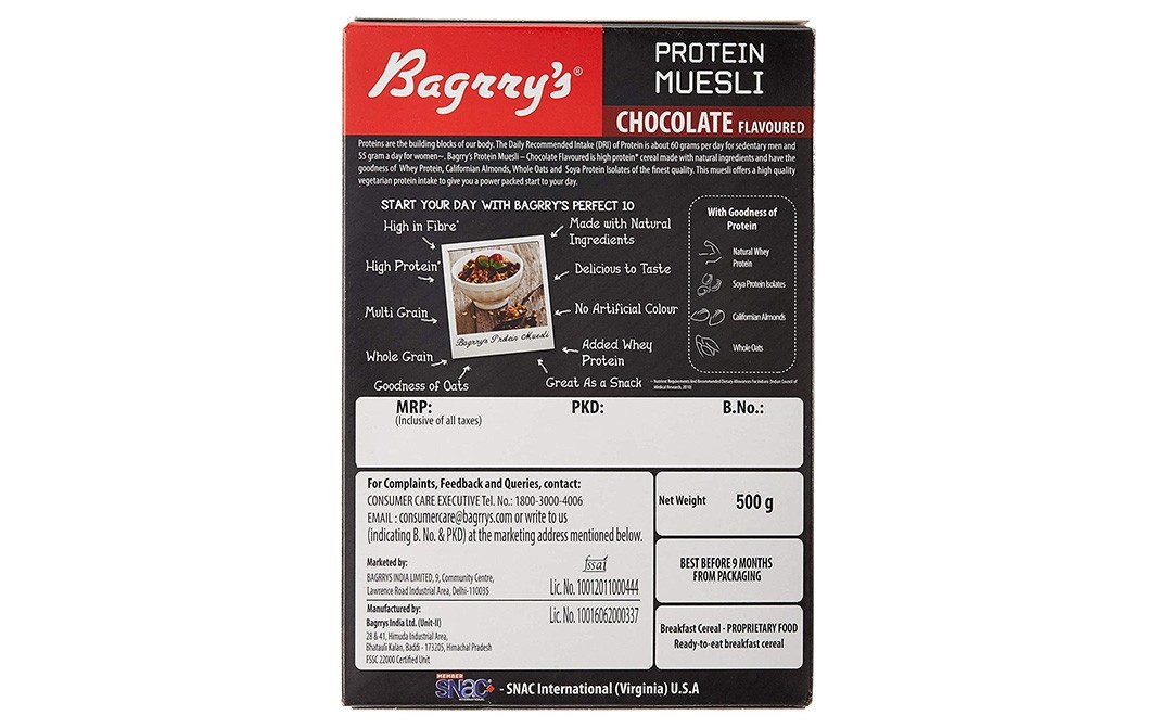 Bagrry's Protien Muesli With Whey Protein, Almonds & Oats   Box  500 grams